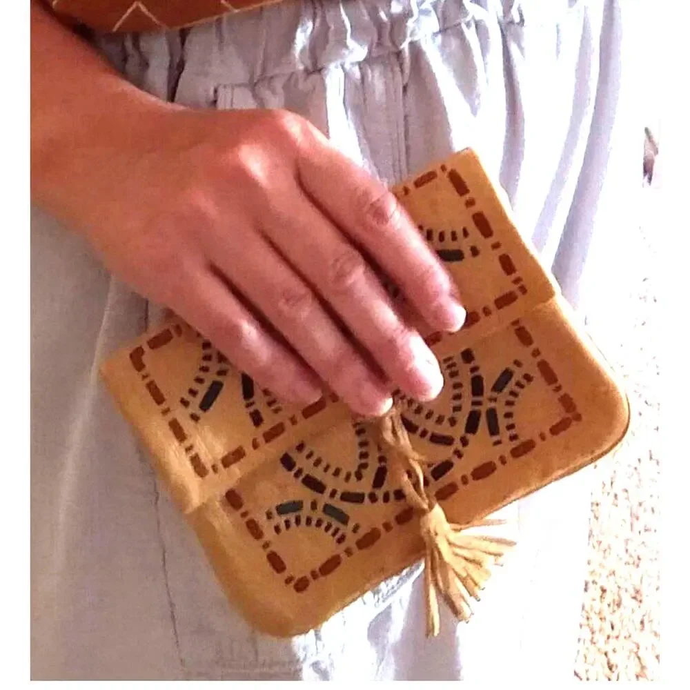 Handmade Morrocan Leather Mini Clutch Coin Purse Fold Over Tassel Toggle Closing